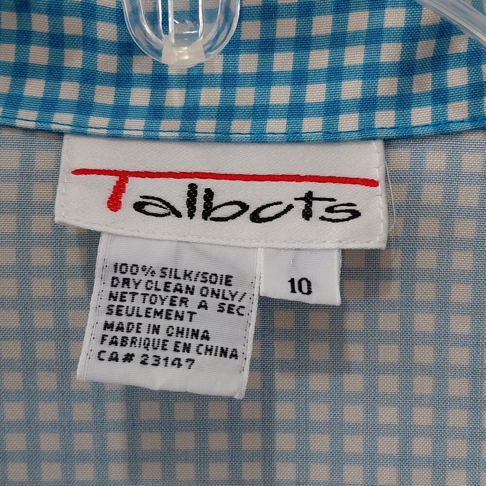 Talbots VTG 100% Silk Gingham Short Sleeve Shirt Women's 10 Aqua Coastal - Picture 4 of 6